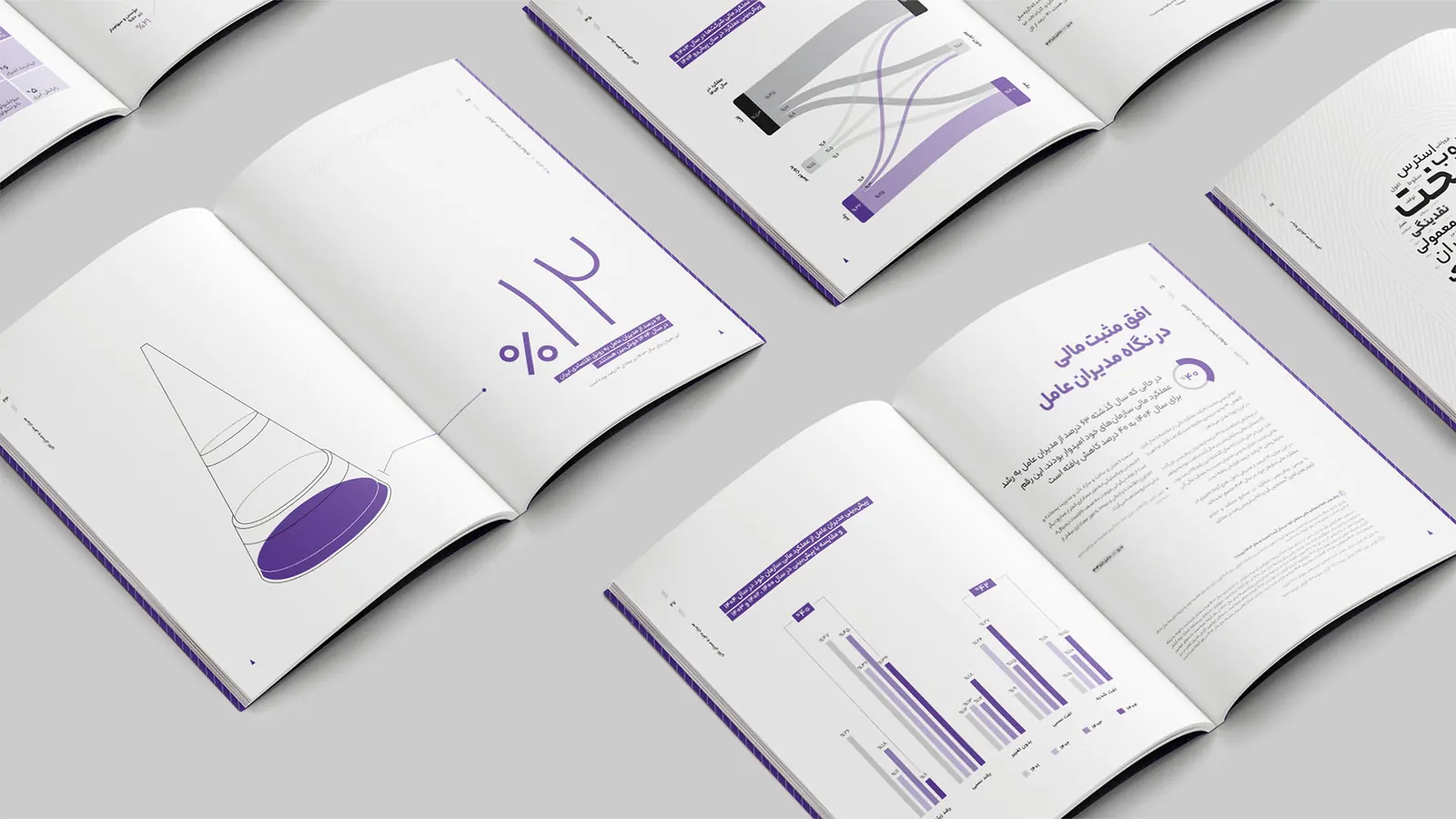 Report spreads with charts and purple cone illustrations