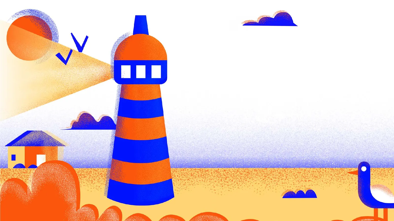 Illustrated lighthouse and seagull in blue and orange