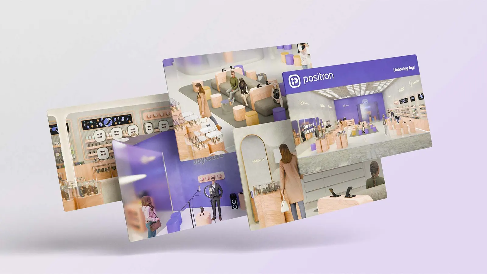 Positron store concept renders floating over a lavender ground
