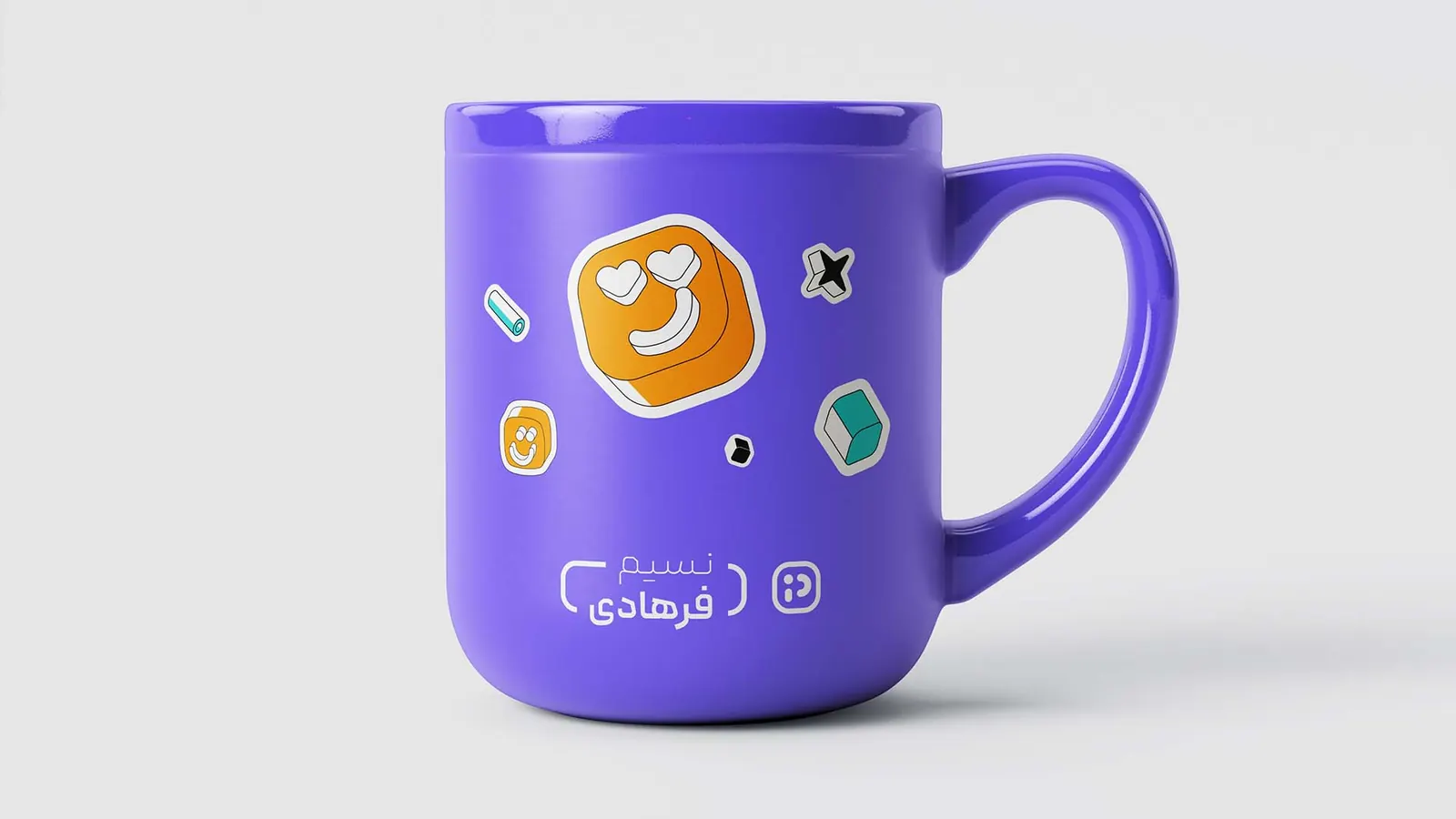Positron mug with sticker graphics