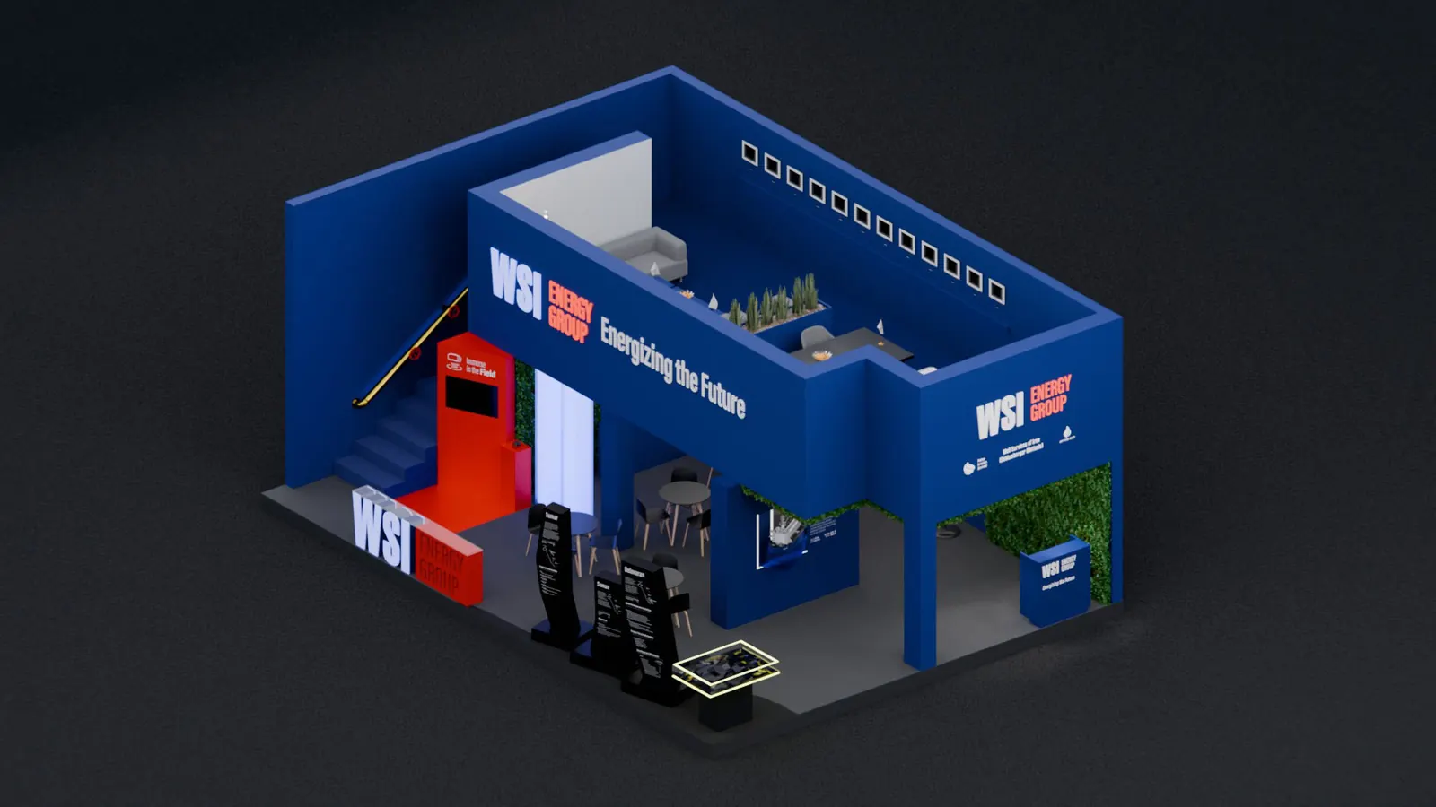 Isometric render of the blue WSI booth